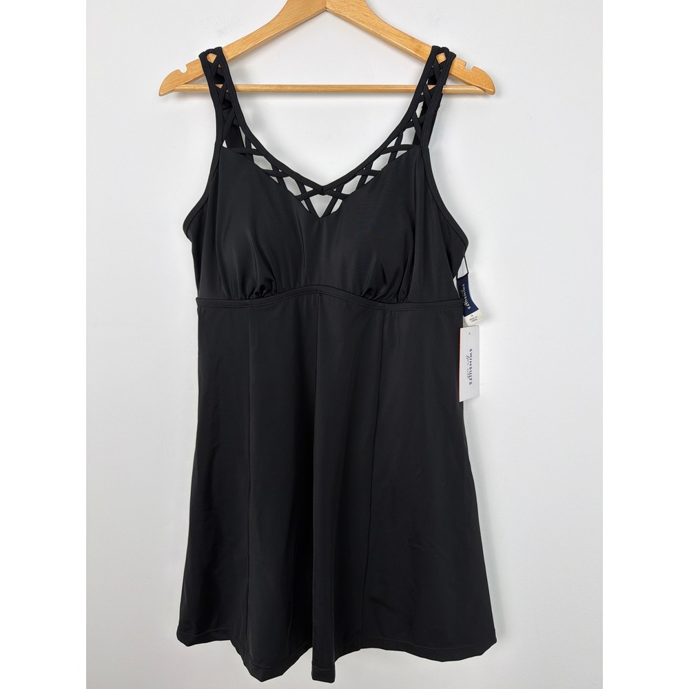 NWT Swimsuits For All Swim Dress 16 Black Lattice Strappy Neckline Plus Size